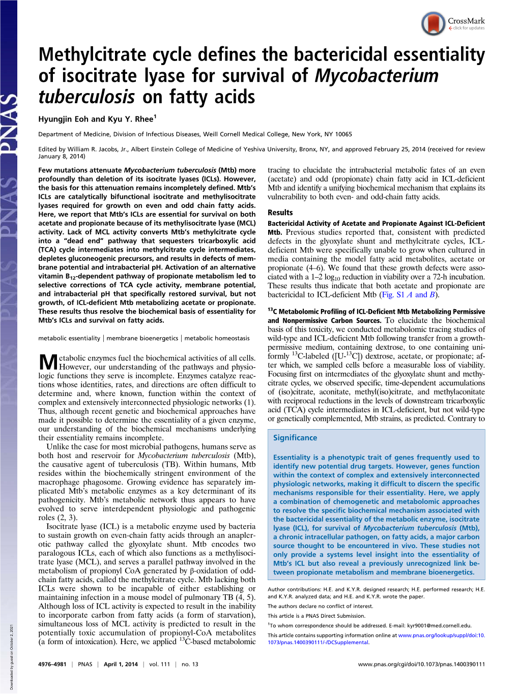 Methylcitrate Cycle Defines the Bactericidal Essentiality of Isocitrate Lyase for Survival of Mycobacterium Tuberculosis on Fatty Acids