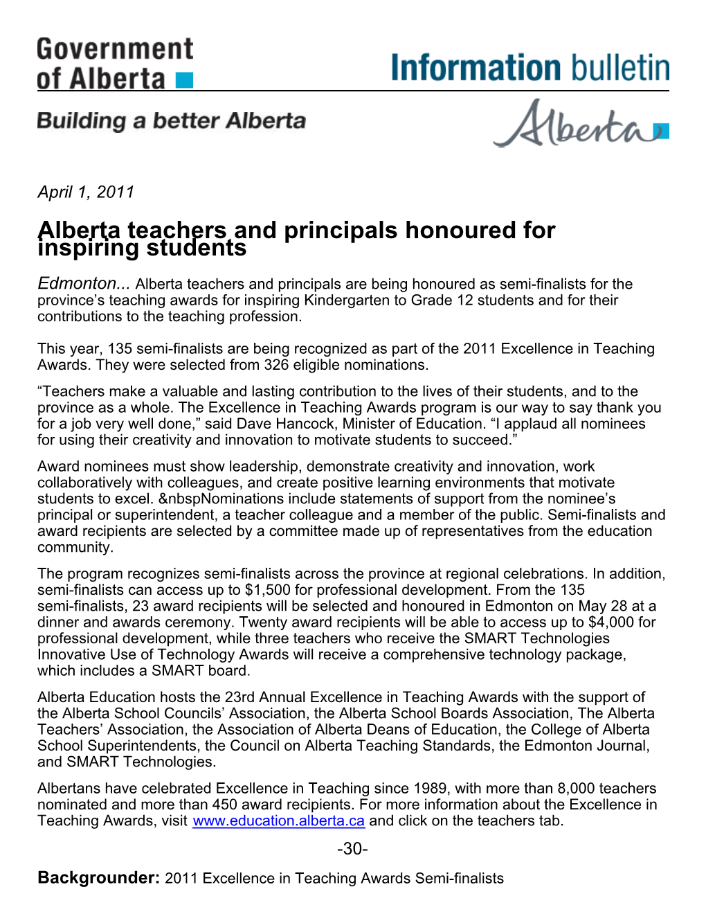 Alberta Teachers and Principals Honoured for Inspiring Students