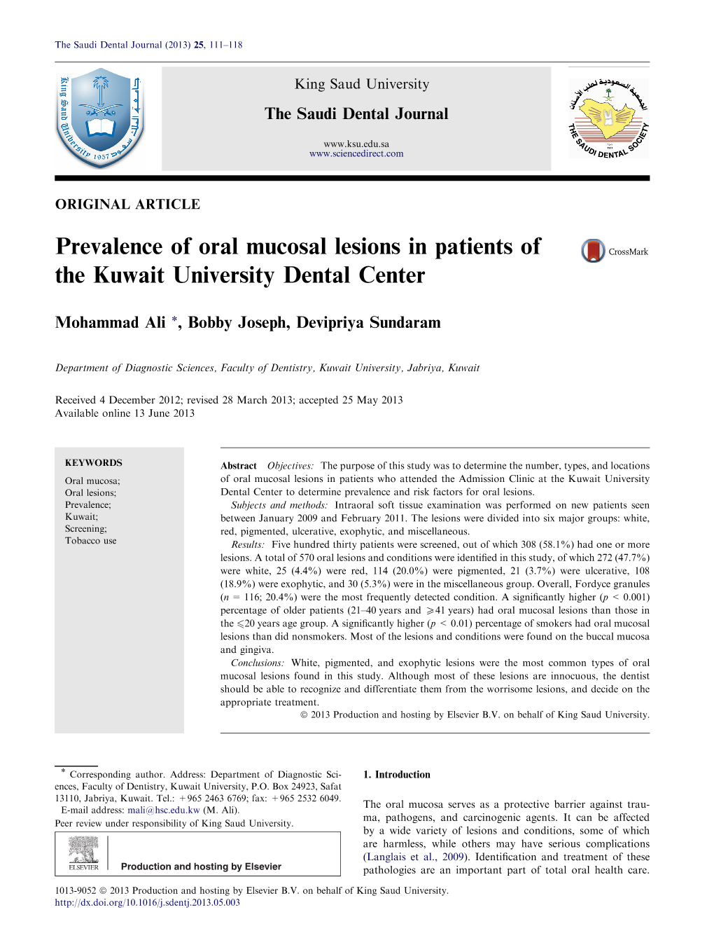 Prevalence of Oral Mucosal Lesions in Patients of the Kuwait University Dental Center