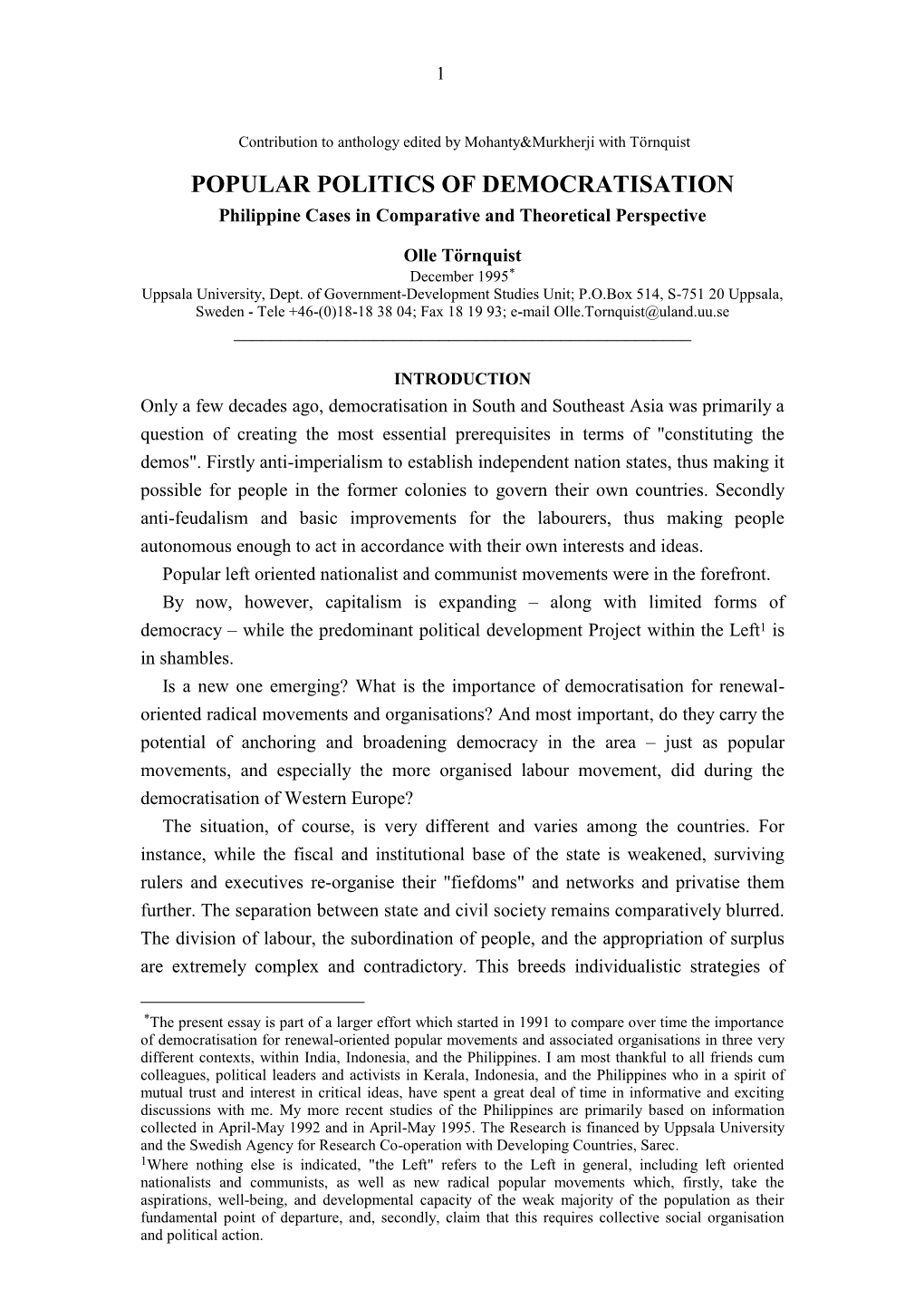 POPULAR POLITICS of DEMOCRATISATION Philippine Cases in Comparative and Theoretical Perspective