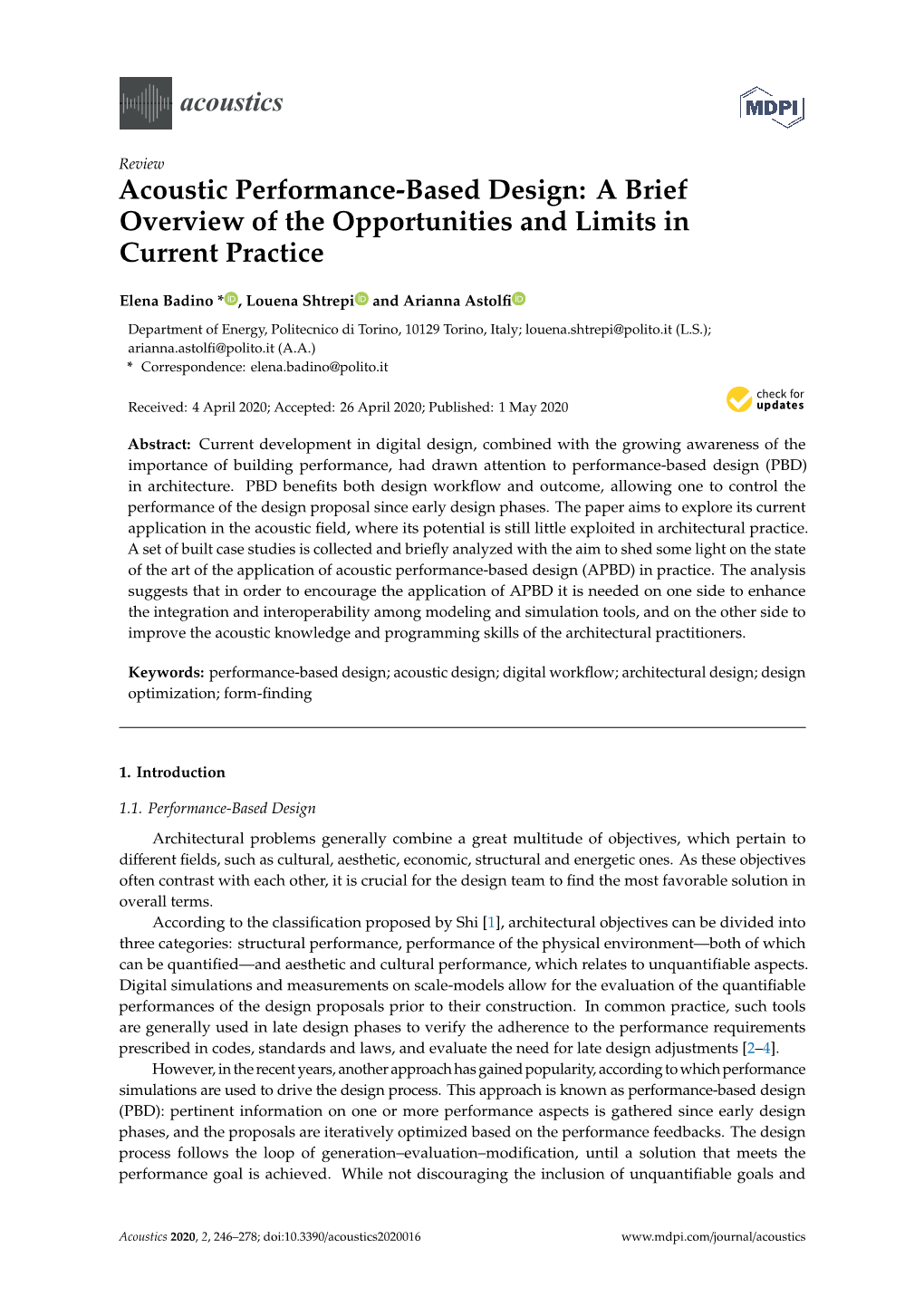 Acoustic Performance-Based Design: a Brief Overview of the Opportunities and Limits in Current Practice