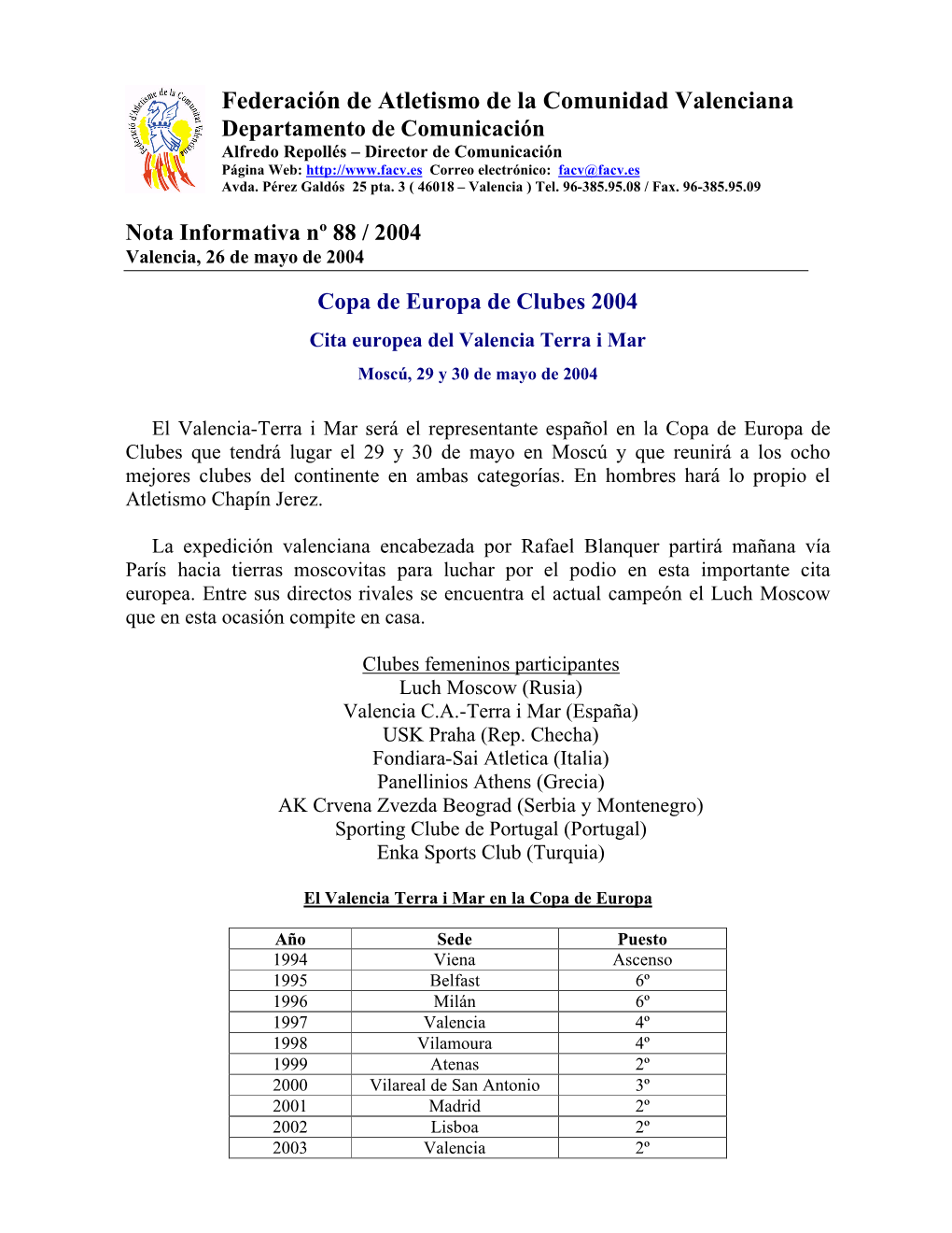 Copa De Europa De Clubes 2004 Cita Europea Del Valencia Terra I Mar Moscú, 29 Y 30 De Mayo De 2004