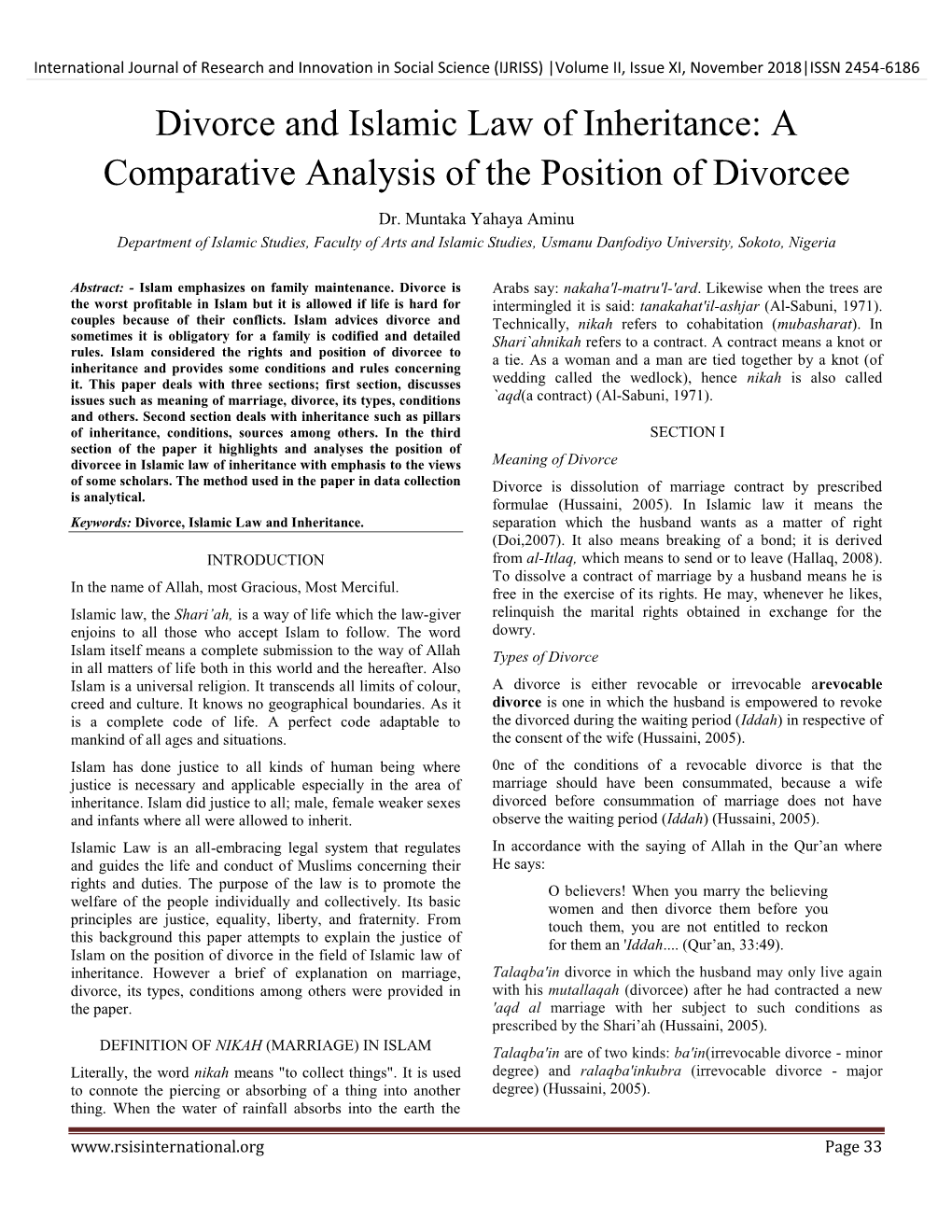 Divorce and Islamic Law of Inheritance: a Comparative Analysis of the Position of Divorcee