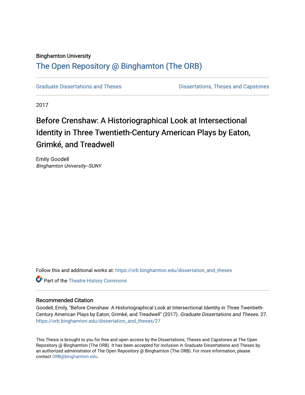 A Historiographical Look at Intersectional Identity in Three Twentieth-Century American Plays by Eaton, Grimké, and Treadwell