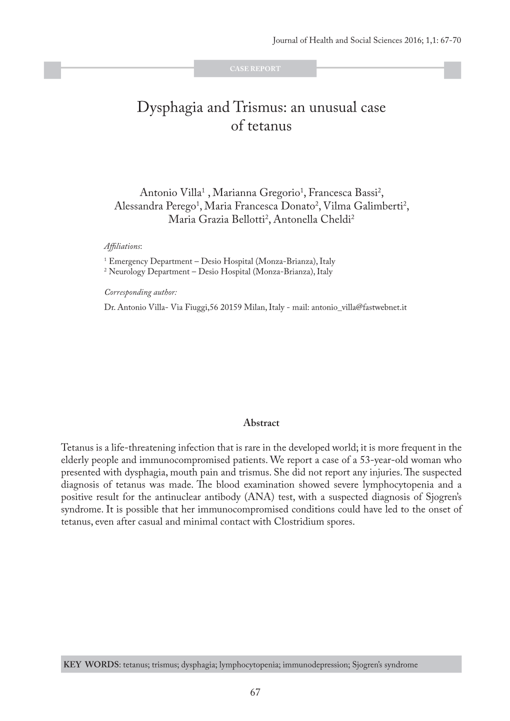 Dysphagia and Trismus: an Unusual Case of Tetanus