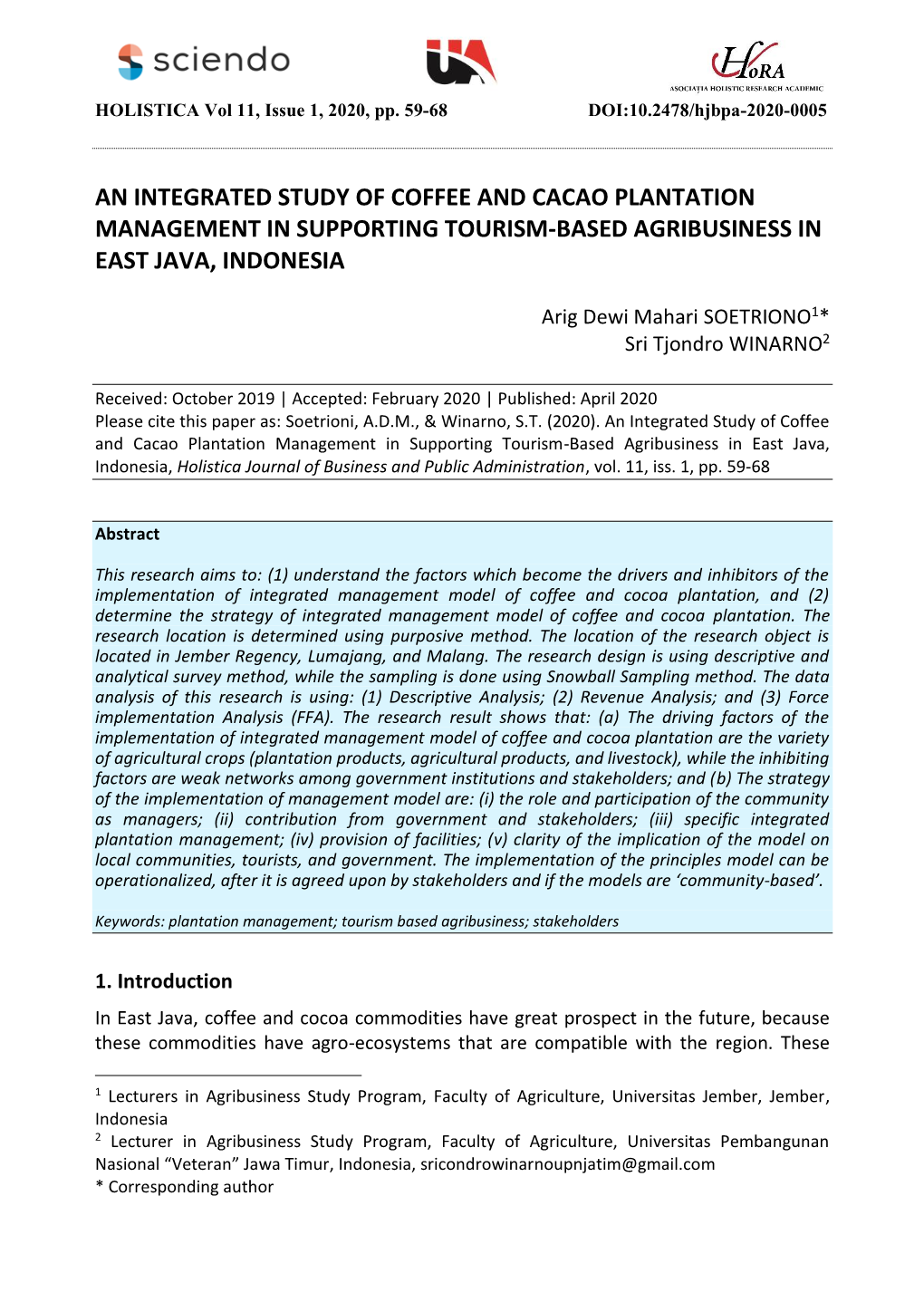 An Integrated Study of Coffee and Cacao Plantation Management in Supporting Tourism-Based Agribusiness in East Java, Indonesia