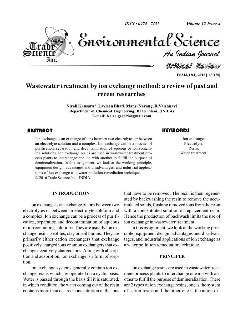 Wastewater Treatment by Ion Exchange Method: a Review of Past and Recent Researches