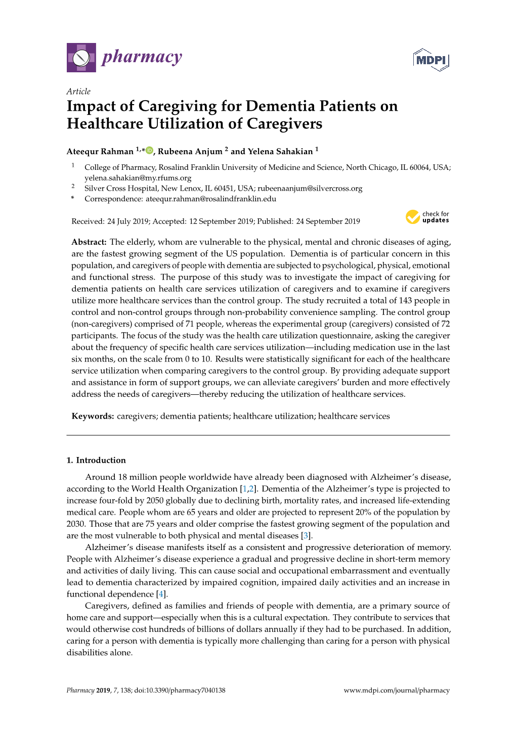 Impact of Caregiving for Dementia Patients on Healthcare Utilization of Caregivers