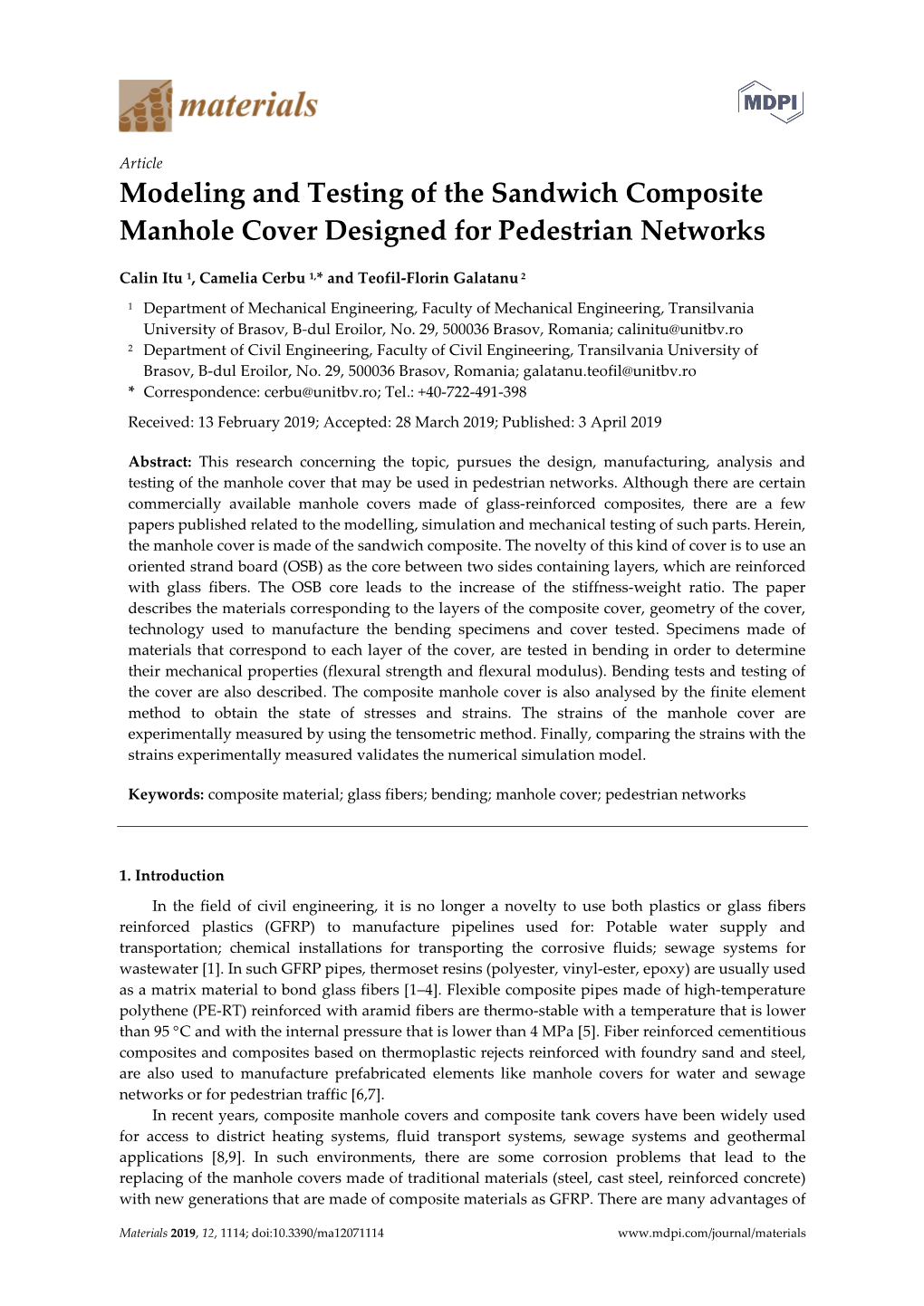 Modeling and Testing of the Sandwich Composite Manhole Cover Designed for Pedestrian Networks