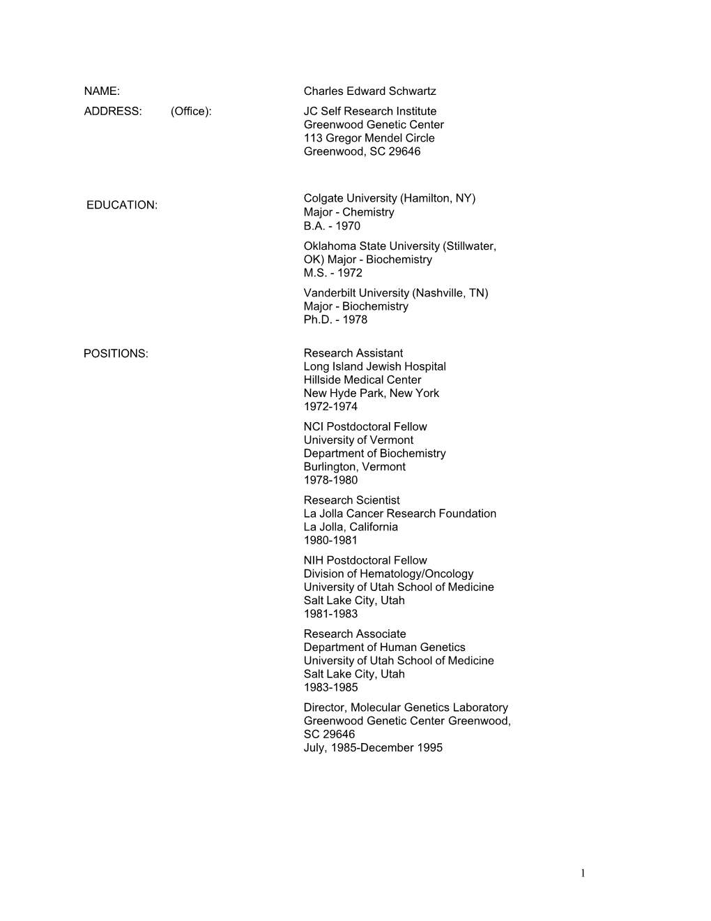 Charles Edward Schwartz JC Self Research