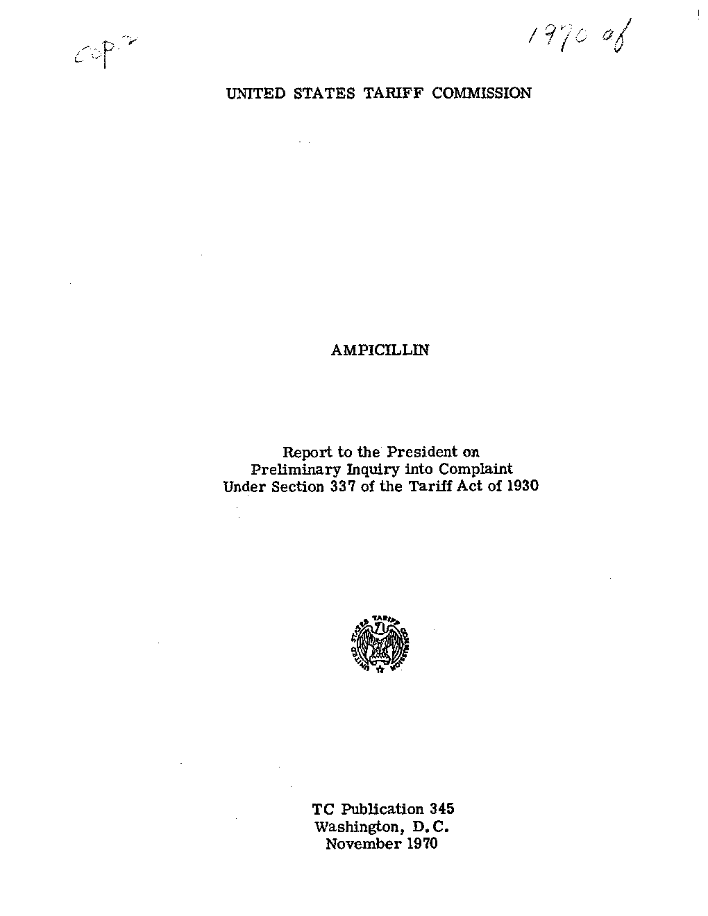 United States Tariff Commission Ampicillin