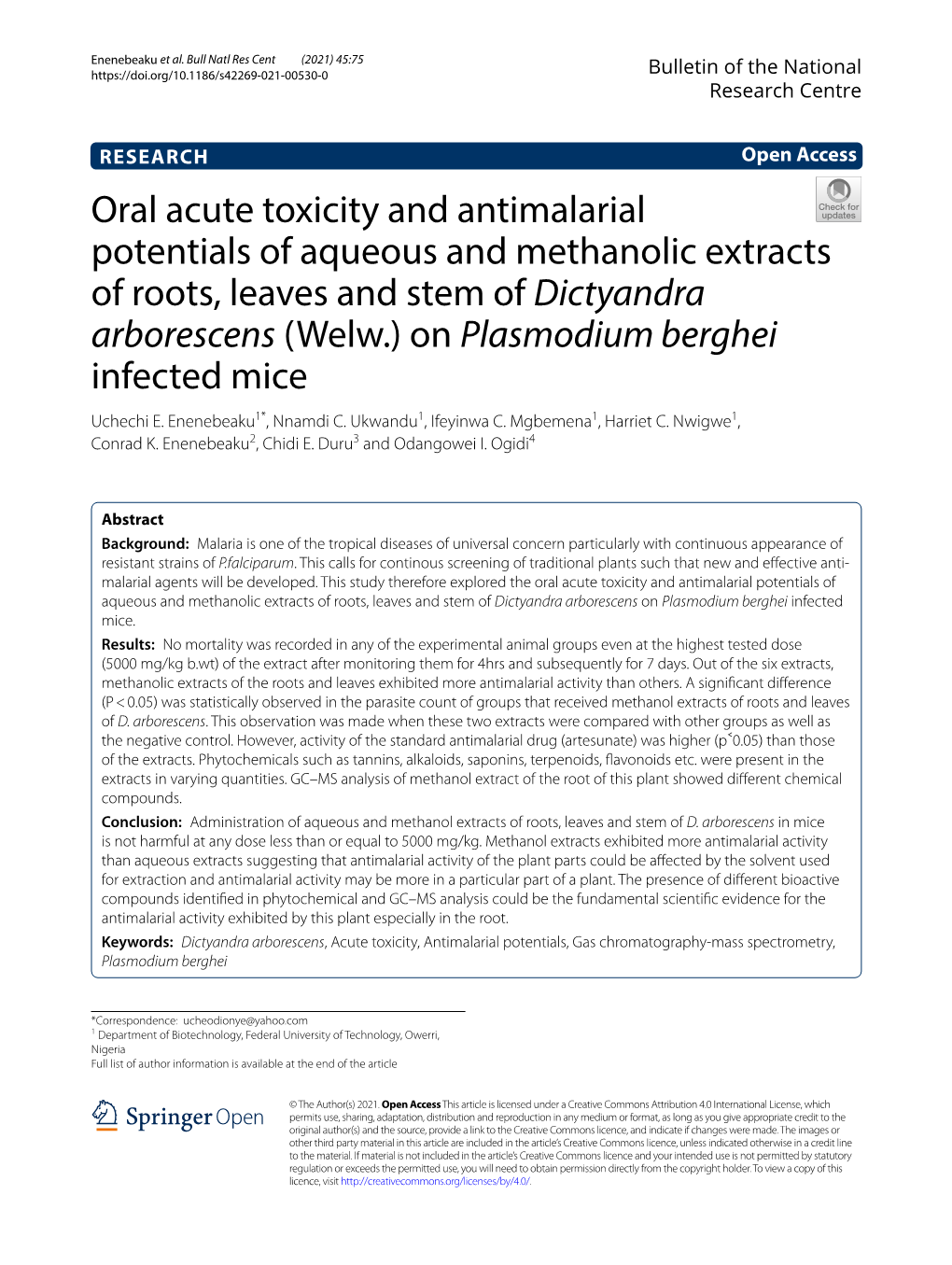 Oral Acute Toxicity and Antimalarial Potentials of Aqueous And