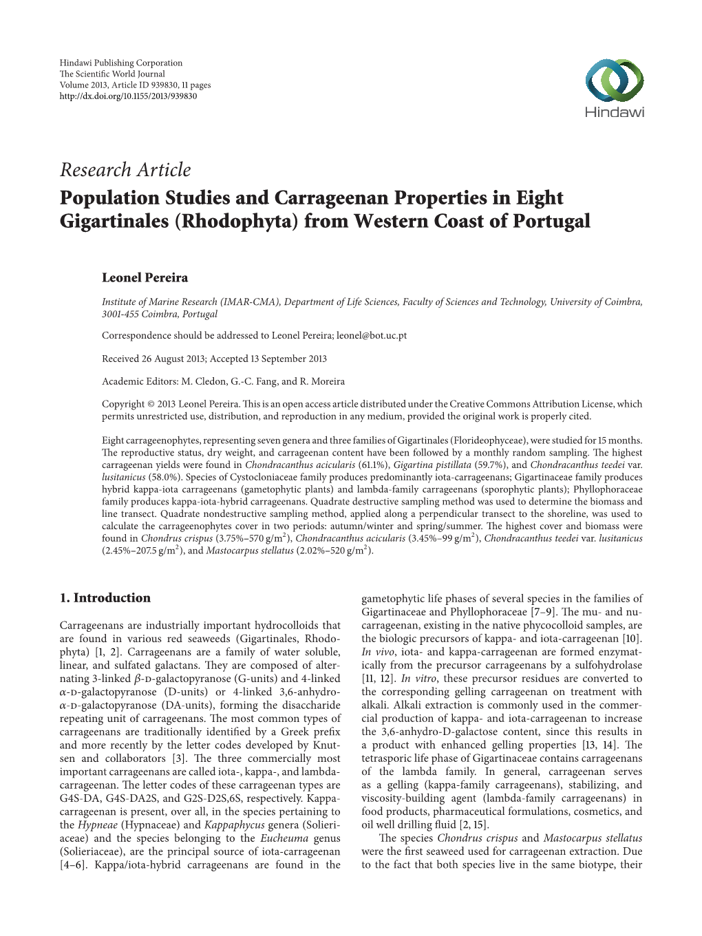 Population Studies and Carrageenan Properties in Eight Gigartinales (Rhodophyta) from Western Coast of Portugal