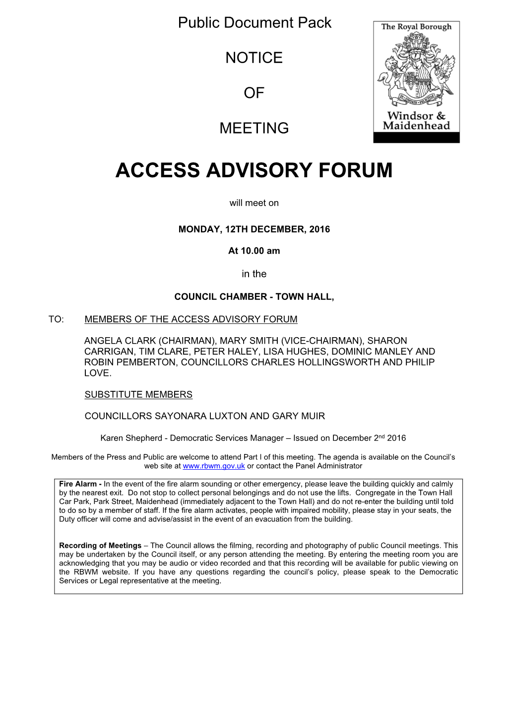 (Public Pack)Agenda Document for Access Advisory Forum, 12/12