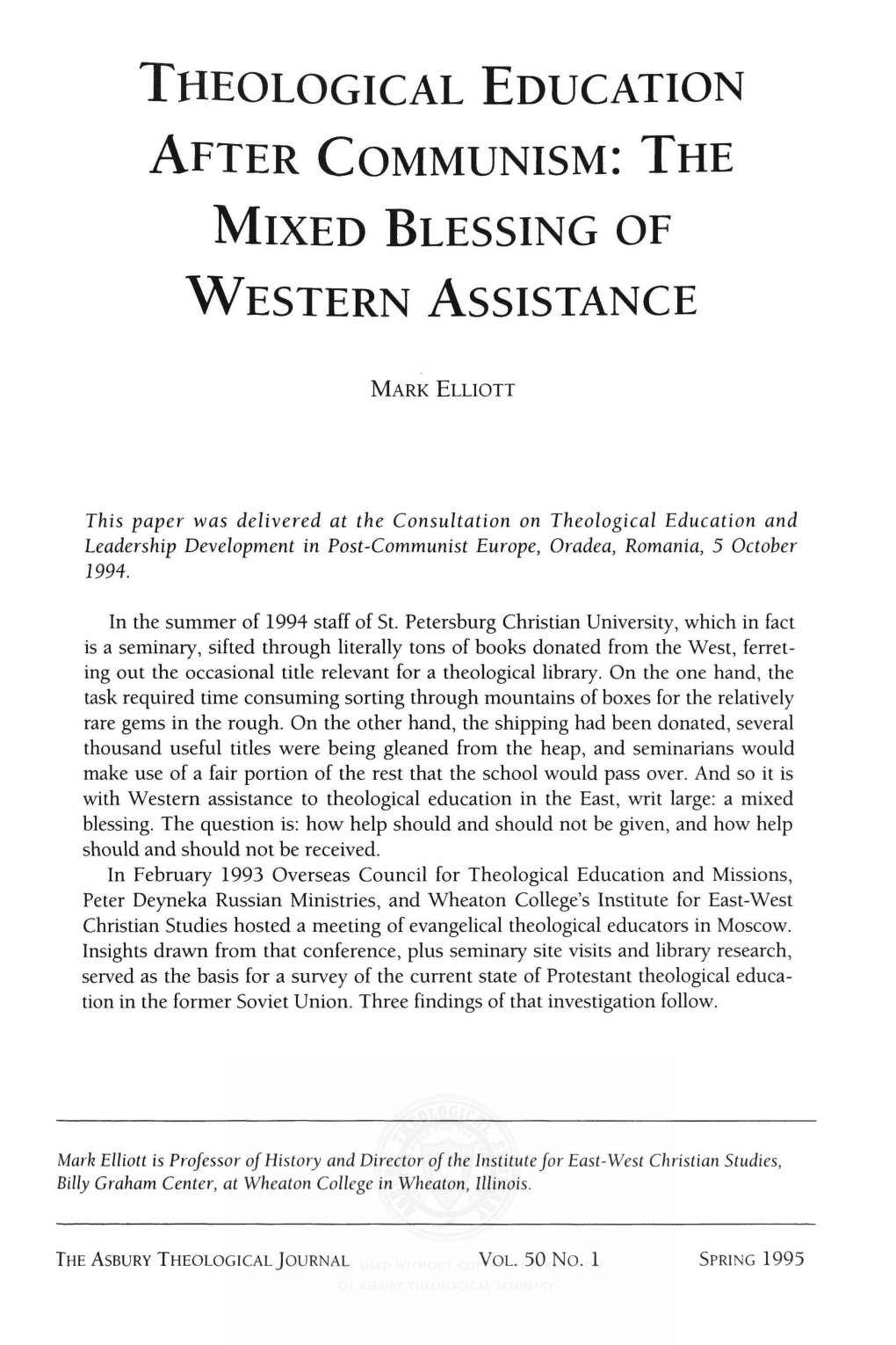 Theological Education After Communism: the Mixed Blessing of Western Assistance