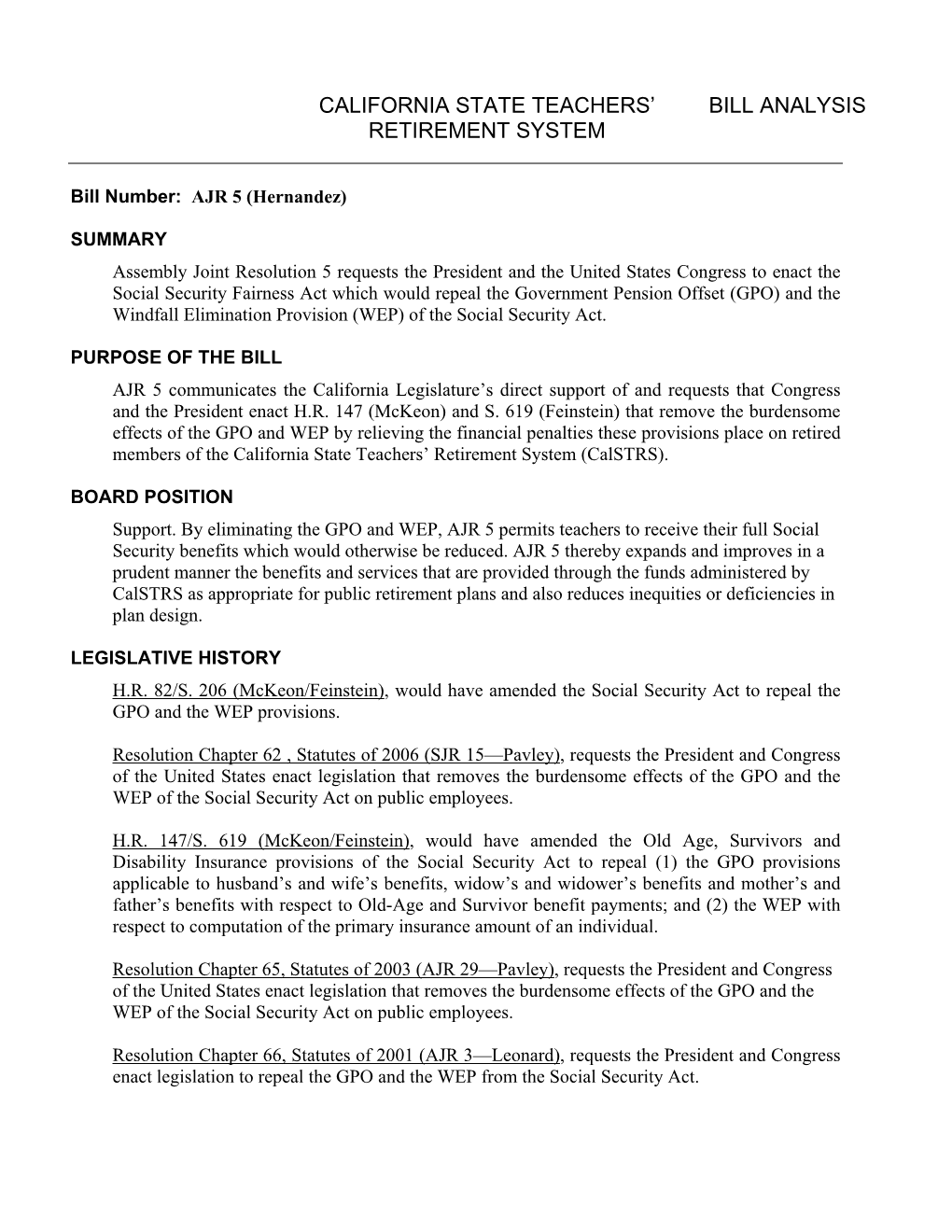 California State Teachers' Retirement System Bill Analysis