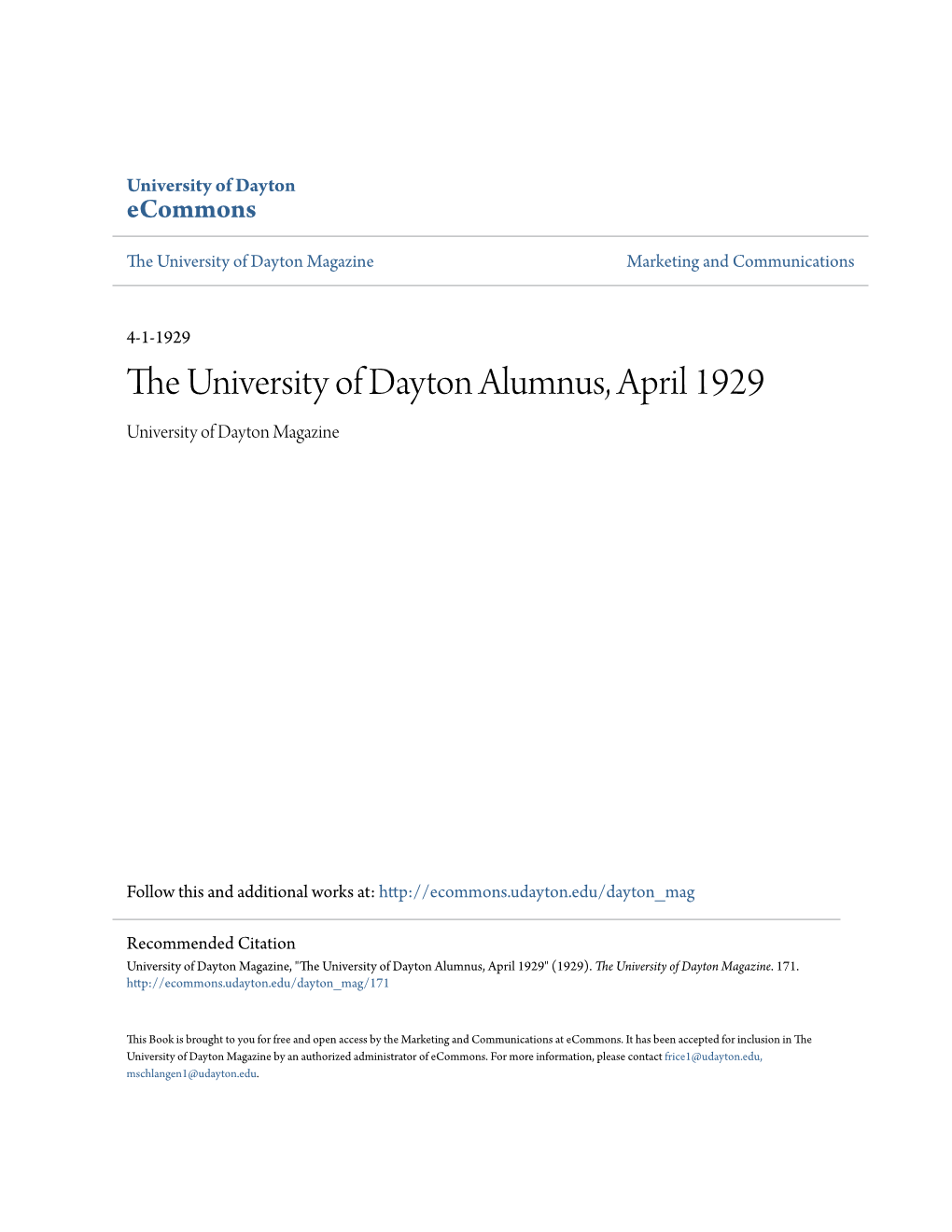 The University of Dayton Alumnus, April 1929