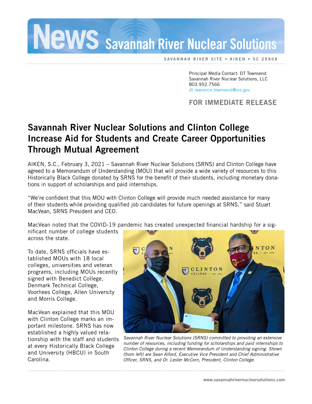 SRNS and Clinton College Increase Aid for Students and Create Career Opportunities Through Mutual Agreement
