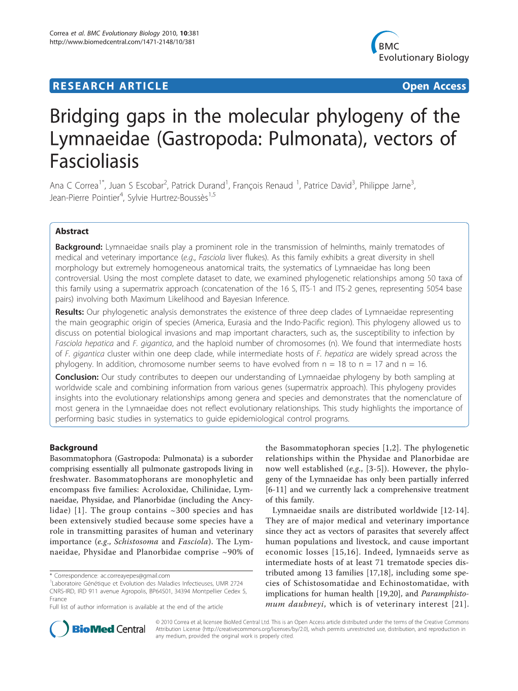 Bridging Gaps in the Molecular Phylogeny of the Lymnaeidae (Gastropoda: Pulmonata), Vectors of Fascioliasis