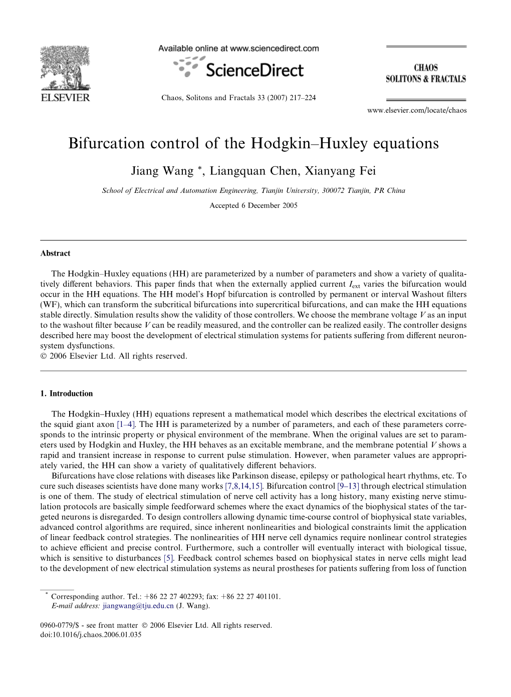 Bifurcation Control of the Hodgkin–Huxley Equations
