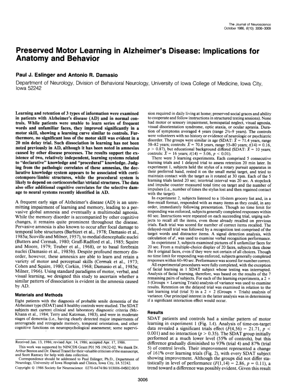 Preserved Motor Learning in Alzheimer's Disease