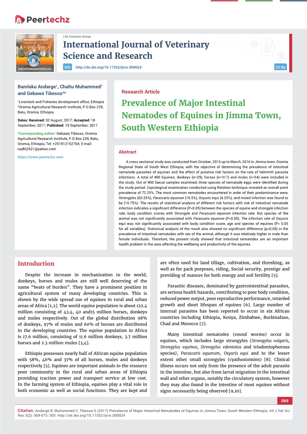 Prevalence of Major Intestinal Nematodes of Equines in Jimma Town, South Western Ethiopia