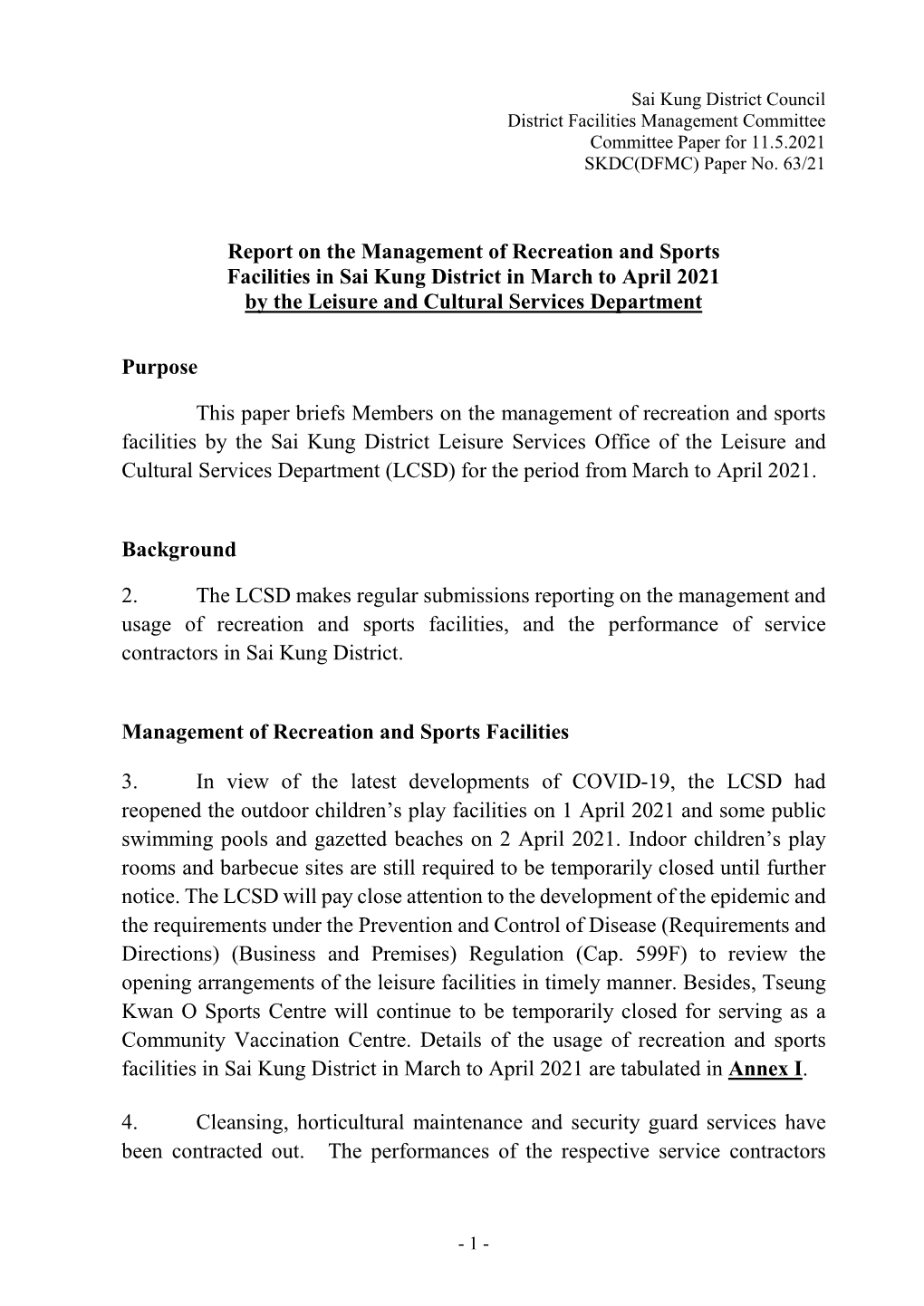 Report on the Management of Recreation and Sports Facilities in Sai Kung District in March to April 2021 by the Leisure and Cultural Services Department