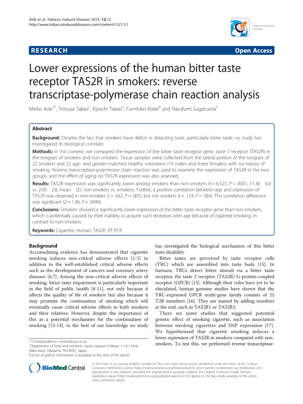 Reverse Transcriptase-Polymerase Chain Reaction Analysis Mieko Aoki1*, Tetsuya Takao2, Kyoichi Takao3, Fumihiko Koike4 and Narufumi Suganuma5