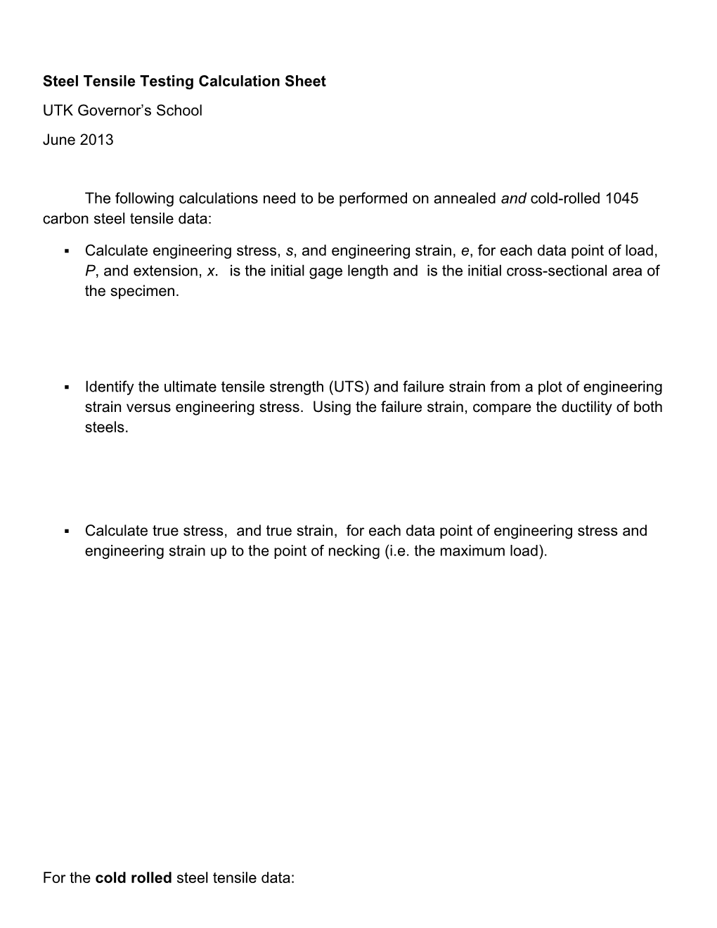 Steel Tensile Testing Calculation Sheet