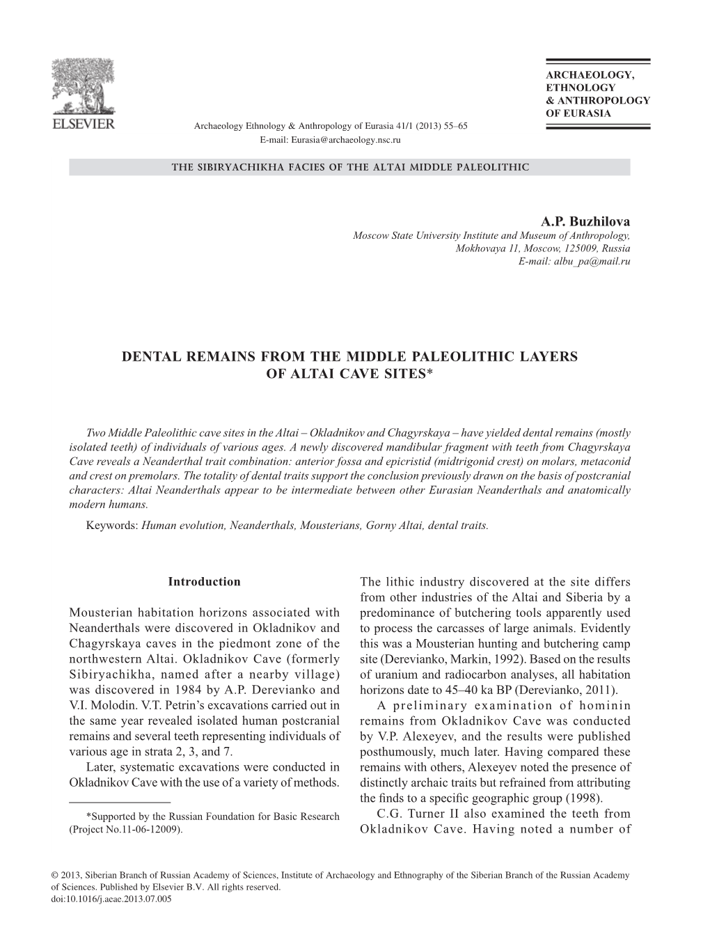 Dental Remains from the Middle Paleolithic Layers of Altai Cave Sites*