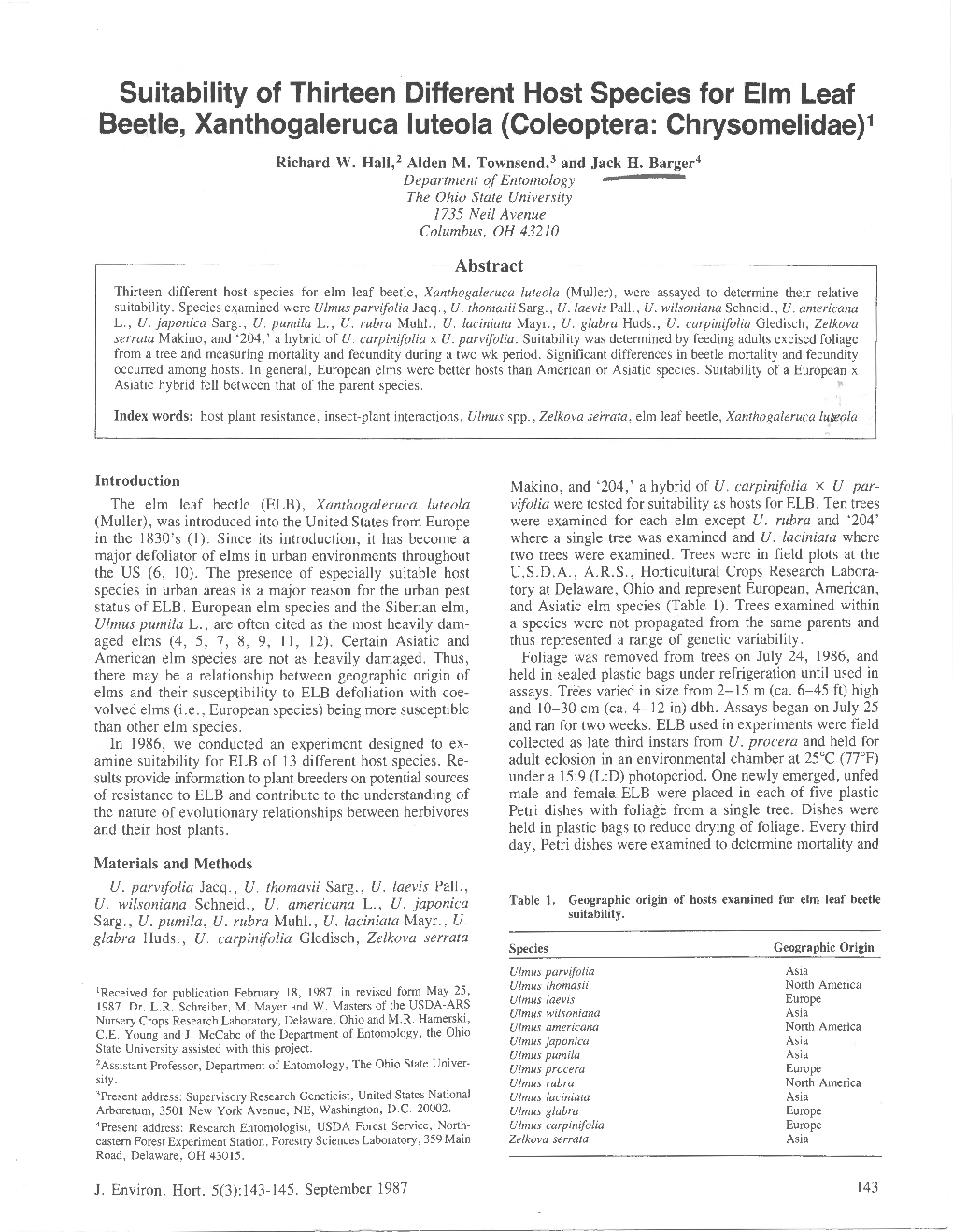 Suitability of Thirteen Different Host Species for Elm Leaf Beetle, Xanthogaleruca Luteola (Coleoptera: Chrysomelidae) 1