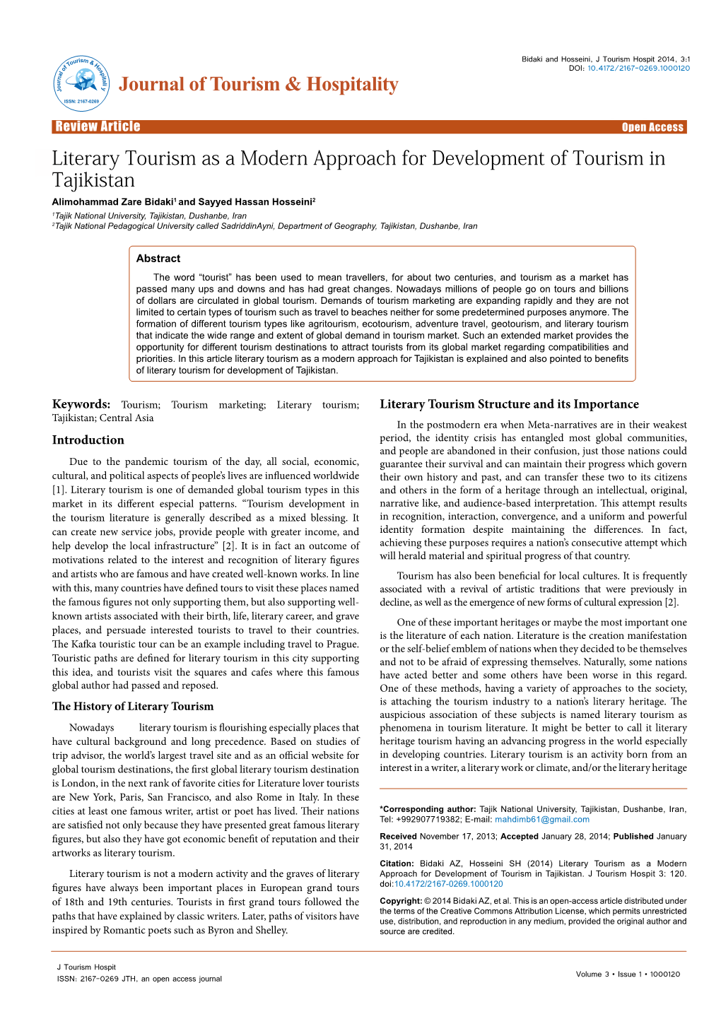 Literary Tourism As a Modern Approach for Development of Tourism in Tajikistan