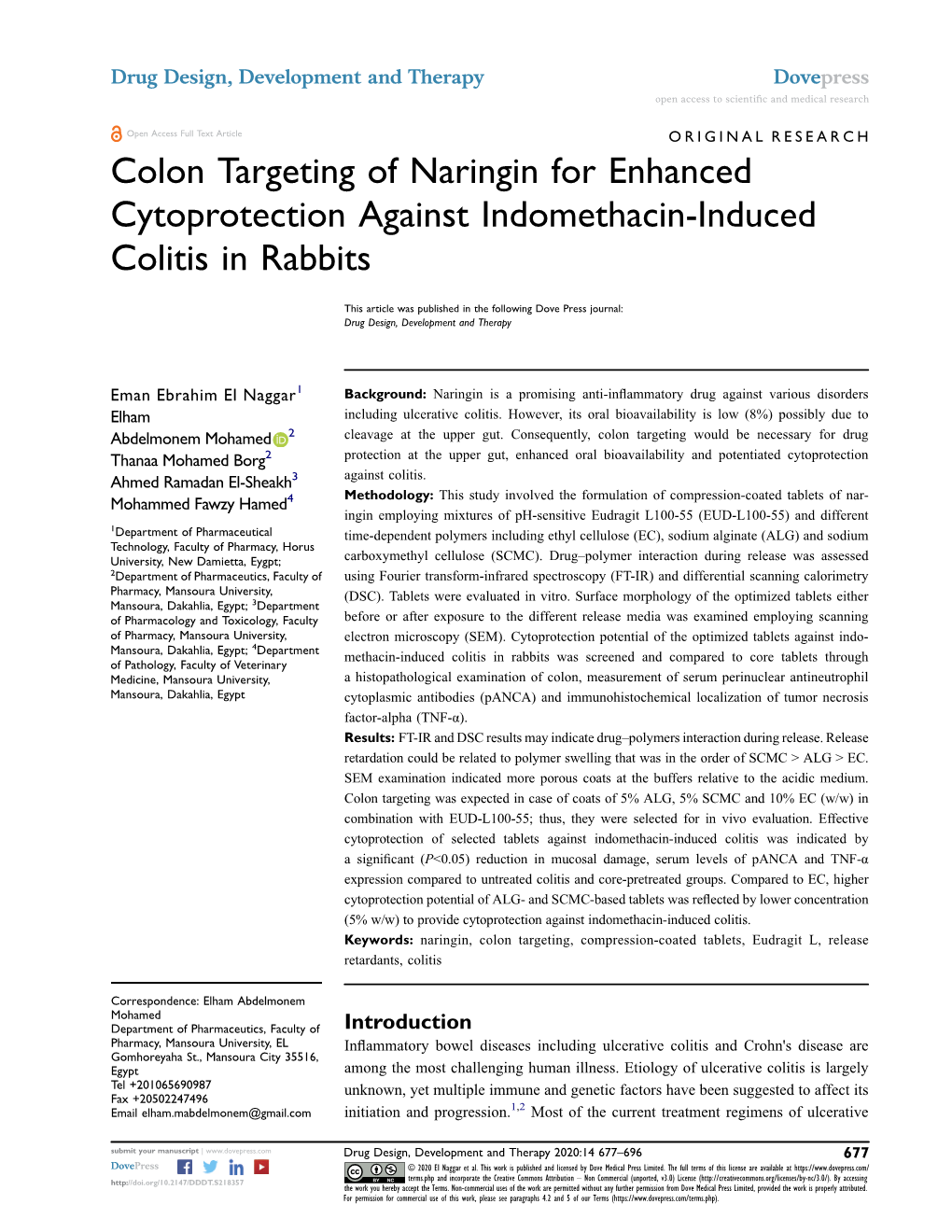 Colon Targeting of Naringin for Enhanced Cytoprotection Against Indomethacin-Induced Colitis in Rabbits