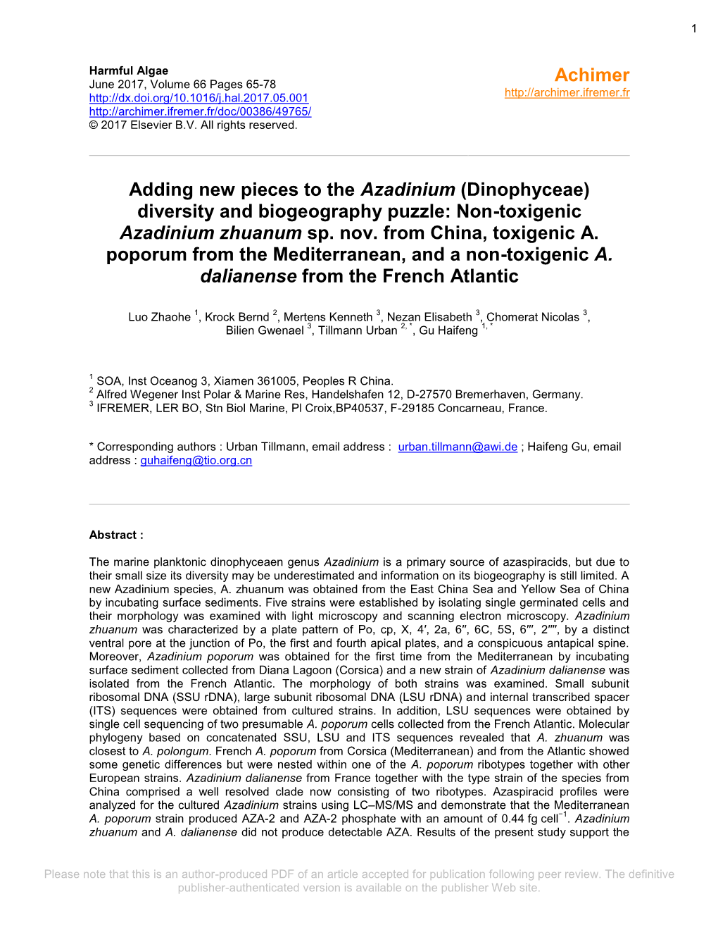 Adding New Pieces to the Azadinium (Dinophyceae) Diversity and Biogeography Puzzle : Non-Toxigenic Azadinium Zhuanum Sp. Nov. F