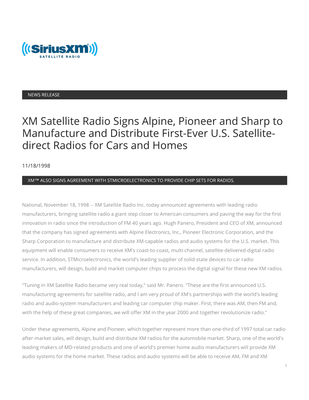 XM Satellite Radio Signs Alpine, Pioneer and Sharp to Manufacture and Distribute First-Ever U.S