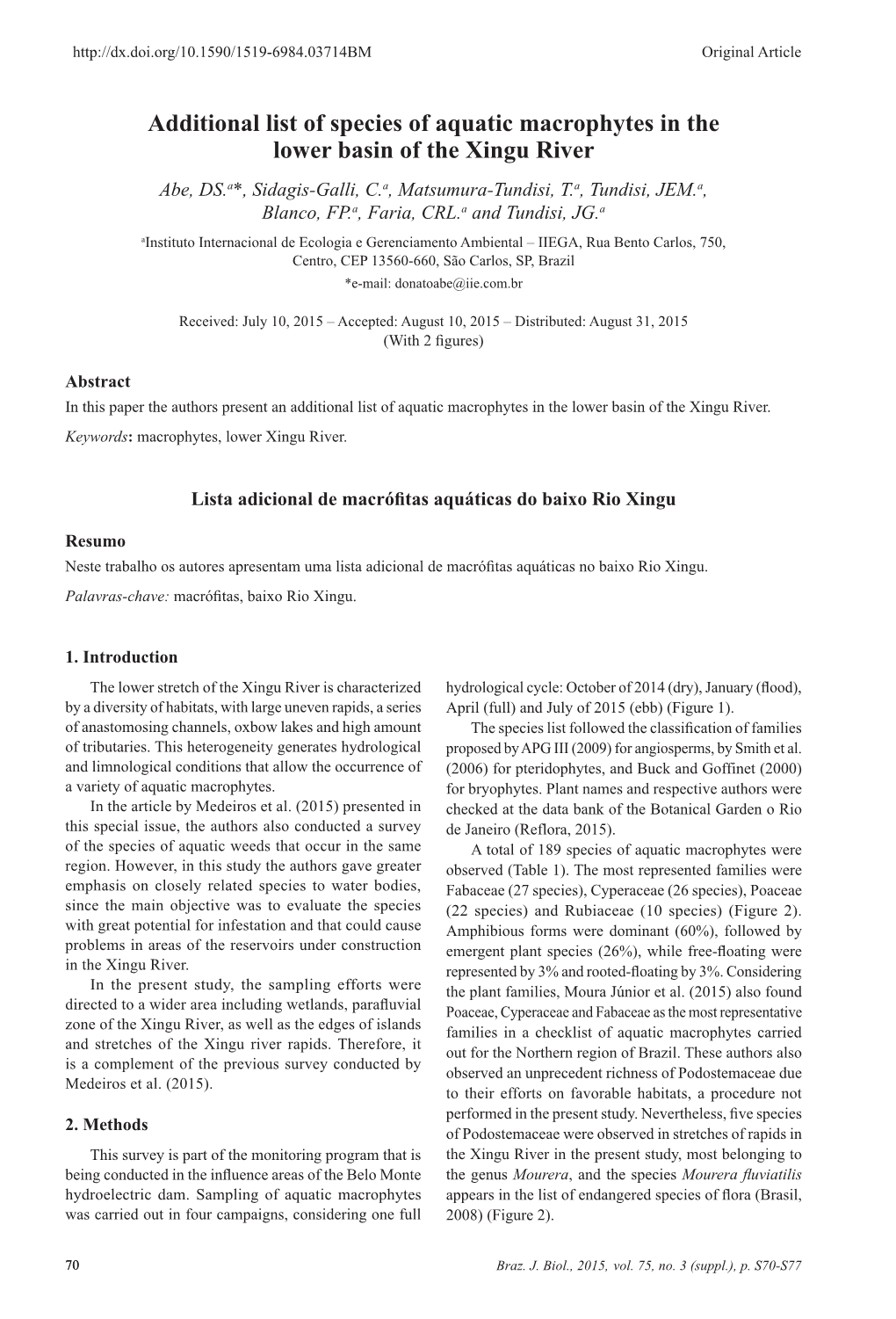 Additional List of Species of Aquatic Macrophytes In