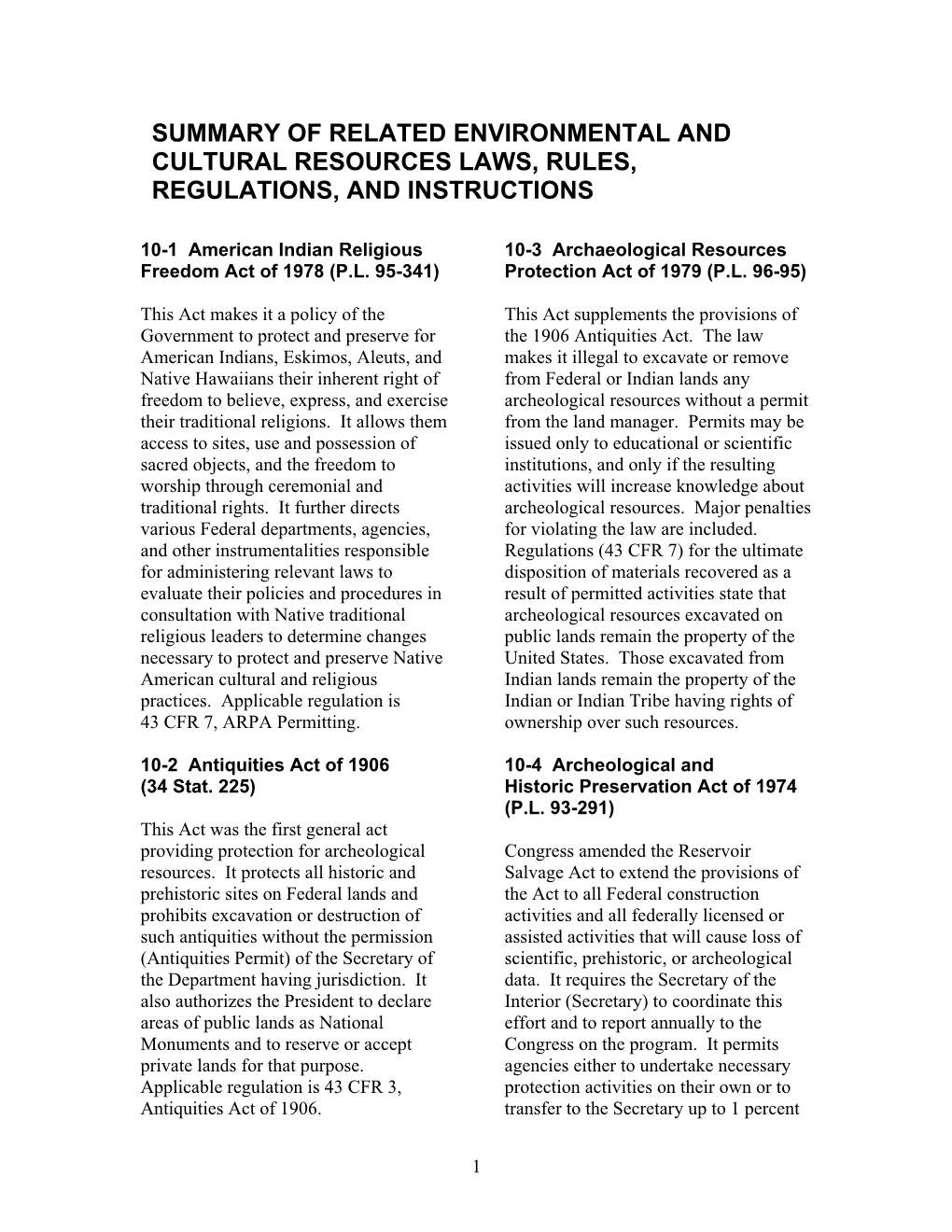 Summary of Related Environmental and Cultural Resources Laws, Rules, Regulations, and Instructions