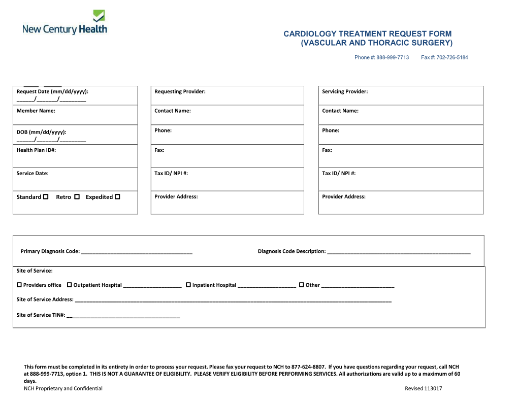 Cardiology Treatment Request Form (Vascular and Thoracic Surgery)