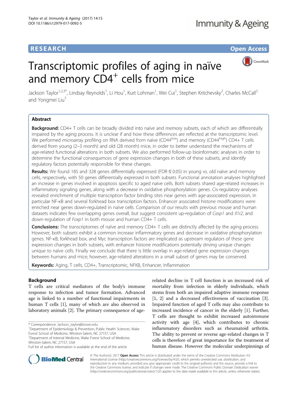 Transcriptomic Profiles of Aging in Naïve and Memory CD4+ Cells From