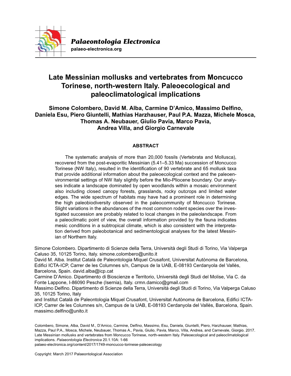 Late Messinian Mollusks and Vertebrates from Moncucco Torinese, North-Western Italy