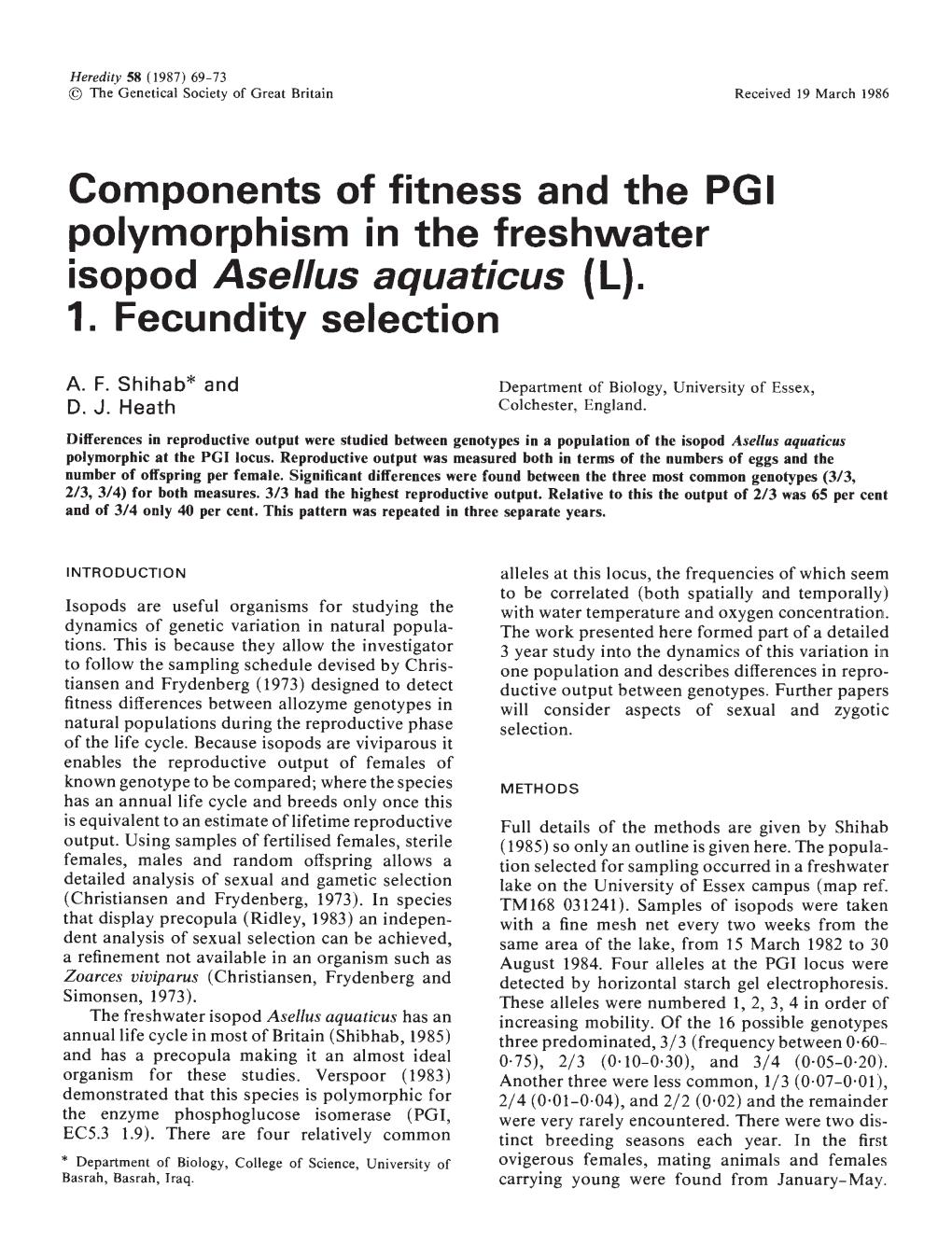 Polymorphism in the Freshwater Isopod Asellus Aquaticus (L)