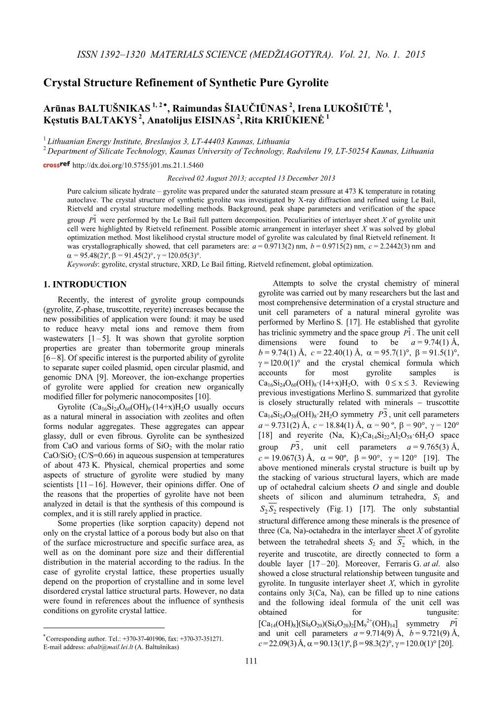 Issn 1392–1320 Materials Science (Medžiagotyra)