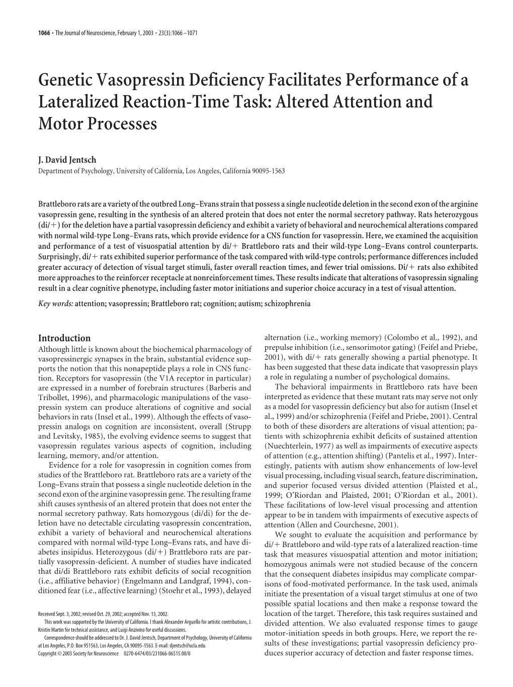 Genetic Vasopressin Deficiency Facilitates Performance of a Lateralized Reaction-Time Task: Altered Attention and Motor Processes