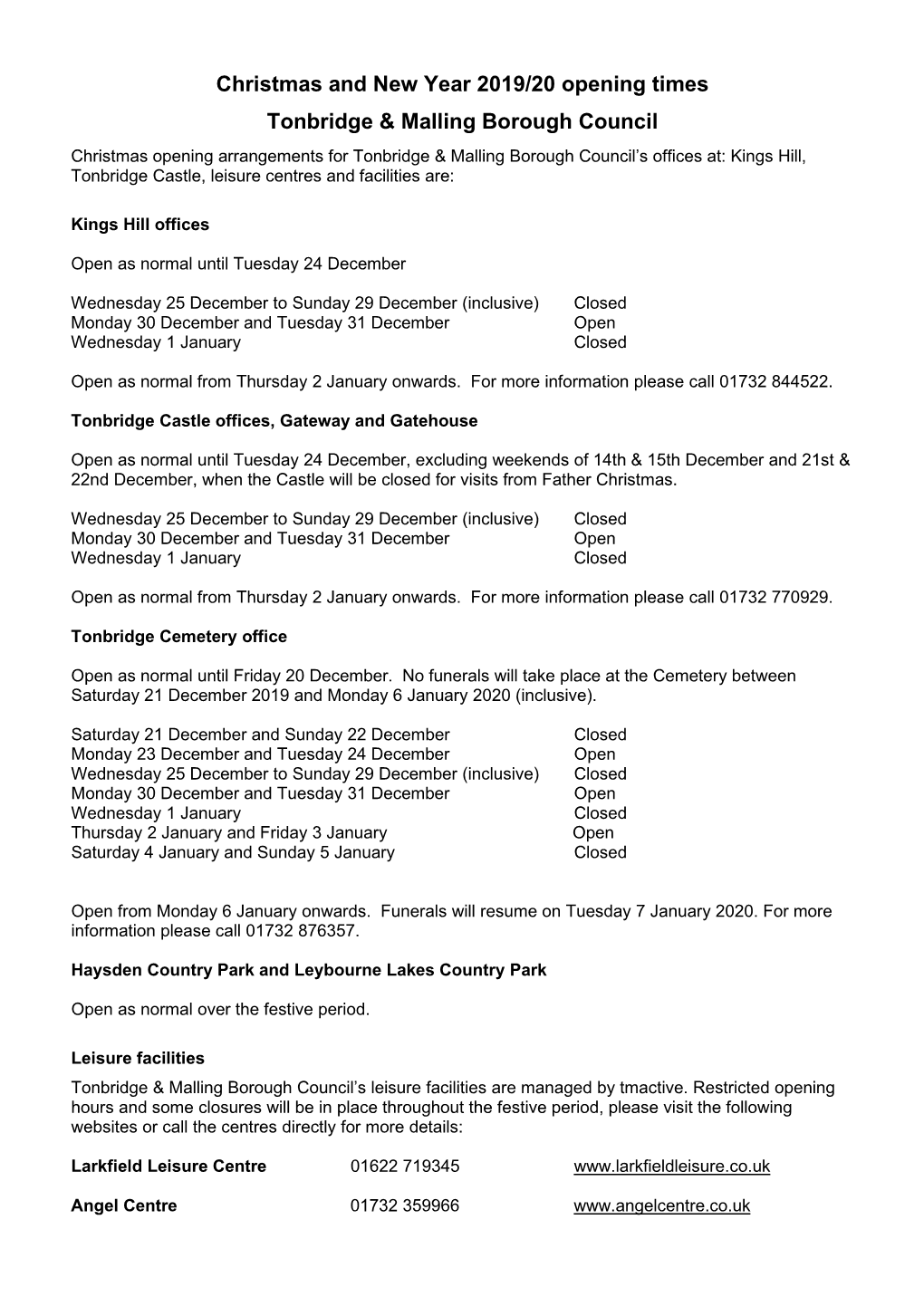 Christmas and New Year 2019/20 Opening Times Tonbridge & Malling