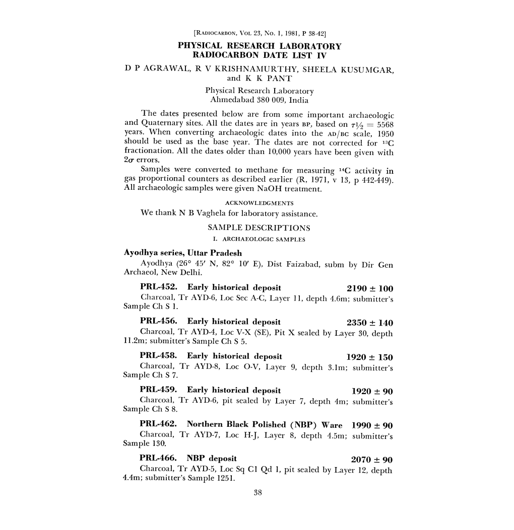 PRL-452. Early Historical Deposit PRL-456. Early Historical Deposit 2350 ± 140 PRL-458. Early Historical Deposit 1920 ± 150 PR