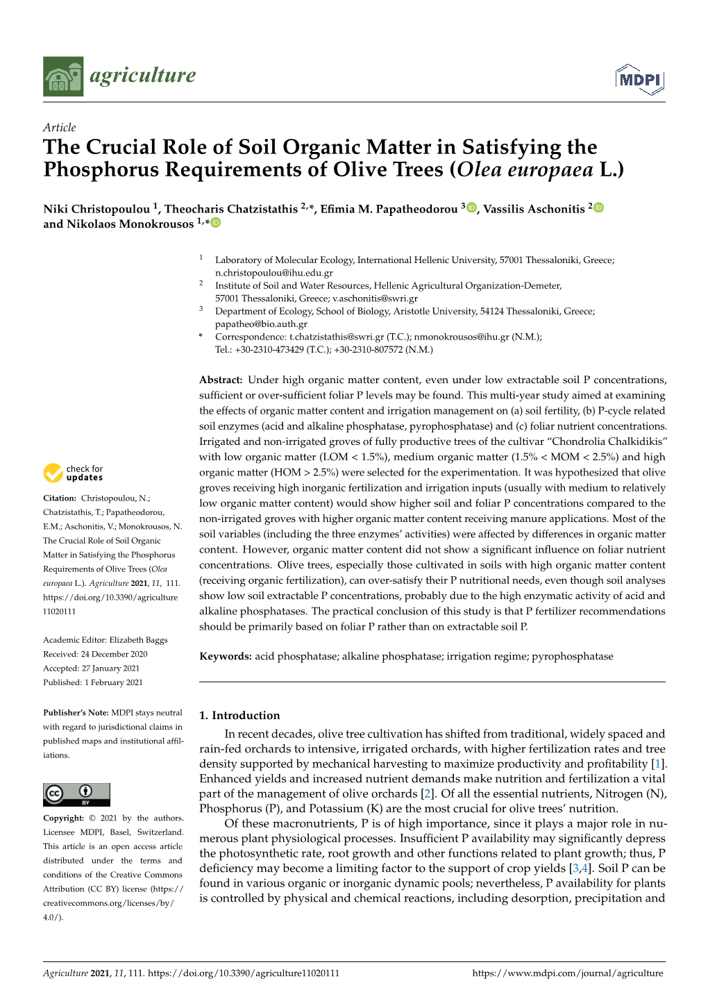 The Crucial Role of Soil Organic Matter in Satisfying the Phosphorus Requirements of Olive Trees (Olea Europaea L.)