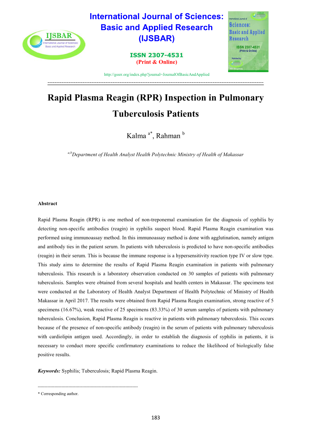 Rapid Plasma Reagin (RPR) Inspection in Pulmonary Tuberculosis Patients