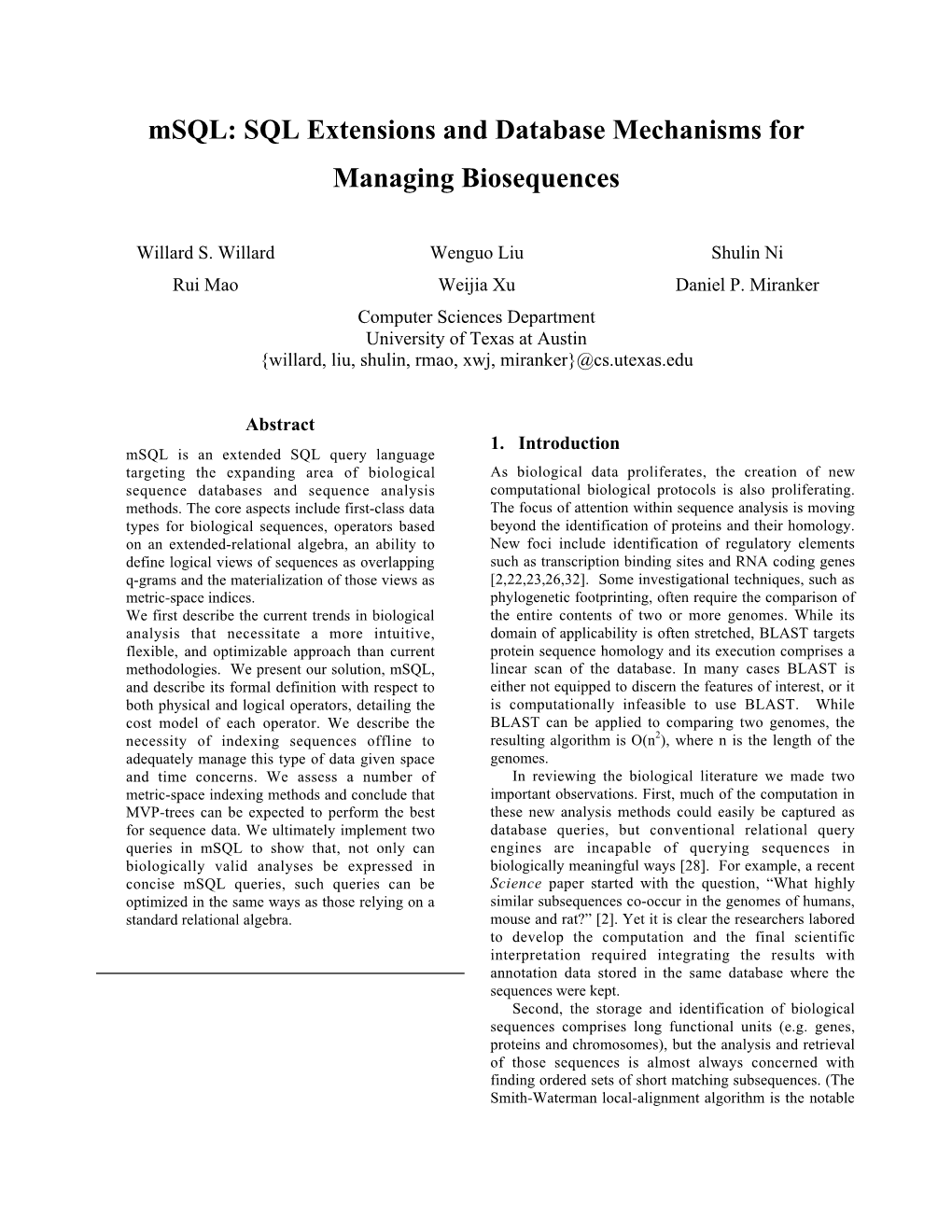 Msql: SQL Extensions and Database Mechanisms for Managing Biosequences