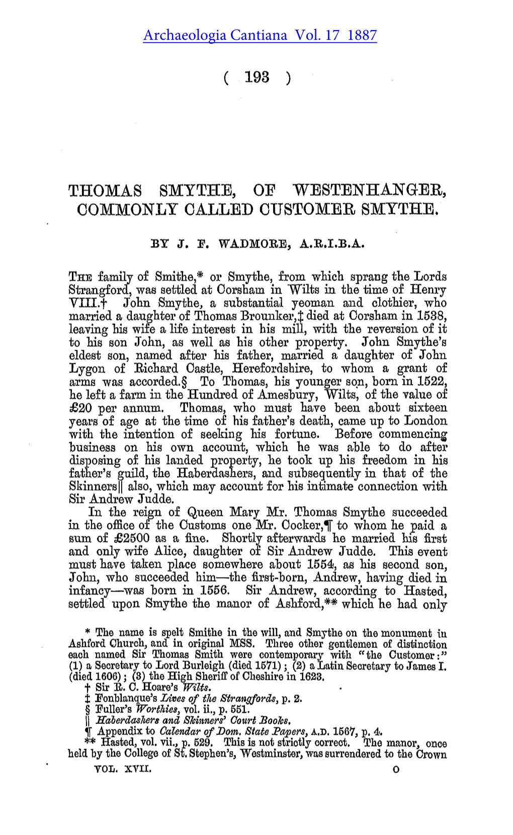 Thomas Smythe, of Westhanger, Commonly Called Customer Smythe