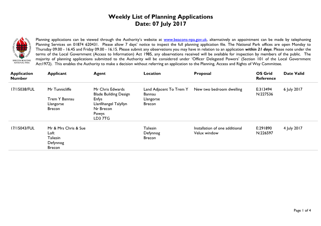 Weekly List of Planning Applications Date: 07 July 2017
